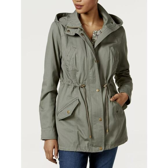Style & Co. Hooded Utility Jacket WMNS M Green Long Sleeve Zip Up Button Pockets - Picture 2 of 10
